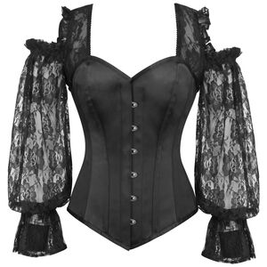 Corset Story 34" Black Satin Overbust Corset w/ lace sleeves NWT